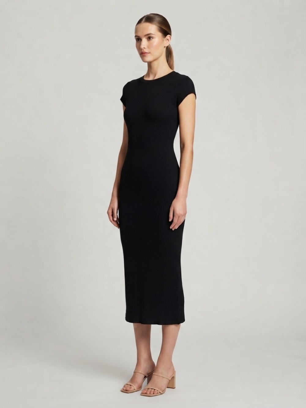Enza Costa Silk Rib Maxi Dress Black Charcoal Cap Sleeve Stretch Size S USA